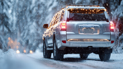 A car is driving along a road in the forest.