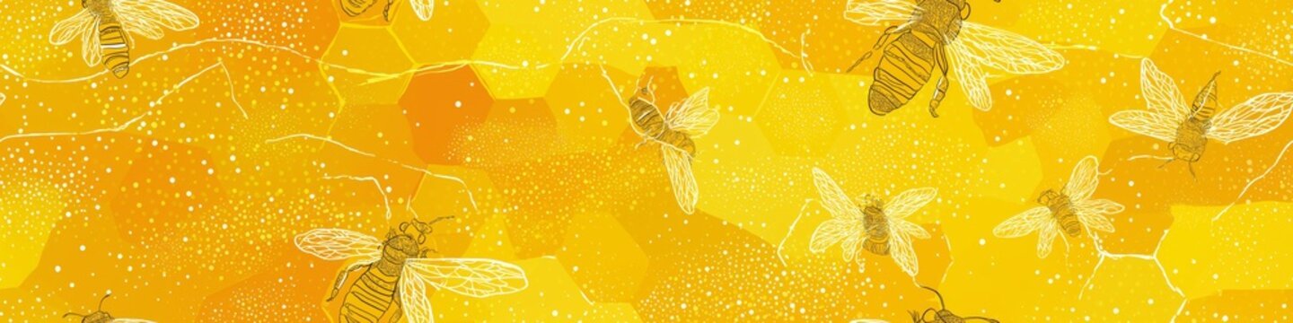 Flying bees creating seamless honey pattern background. Busy flying bees on a golden yellow background with honeycomb and abstract textures