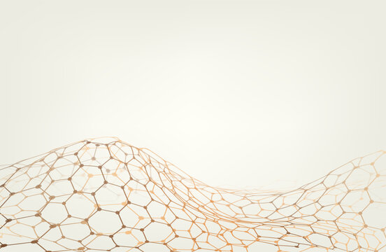 Futuristic hexagon wave. Abstract hexagon wave pattern. White cyberspace. Abstract gold wave with dots and line. 3d vector illustration.