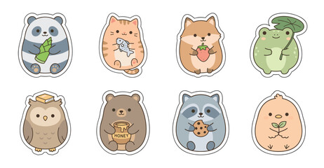 Obraz premium Cute Animal Sticker Set with Food, Vector Illustration