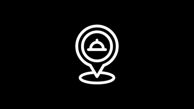 Restaurant location icon with a cloche and map marker on a black background