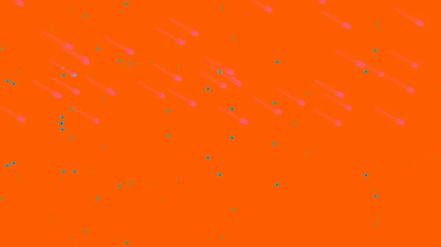 A vibrant pink and white abstract image with diagonal purple lines and green speckles
