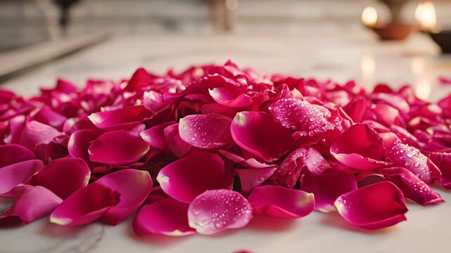 Close Up Of Hands Scattering Red Rose Petals On A Marble Surface With Lit Oil Lamps In The Background