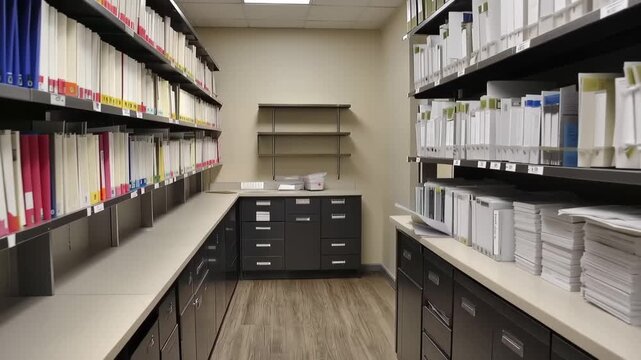 Organized Office Archives: A well-organized office archive featuring neatly arranged file folders and documents, showcasing efficient record-keeping and information storage. 