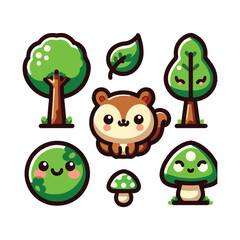 Obraz premium Cute Kawaii Forest Clipart – Flat Pastel Trees & Nature Bundle