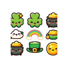 March 17 Kawaii Patrick&rsquo;s Day Icons &ndash; Flat Rounded Lucky Vector Set
