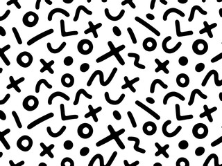 Black and white doodle symbols and shapes pattern background design
