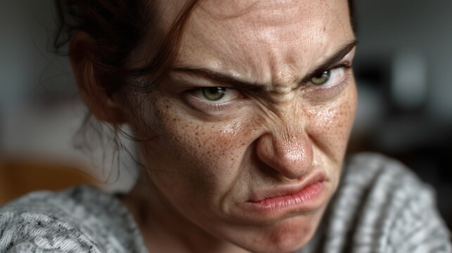 Portrait intense d'une femme aux taches de rousseur avec regard per&ccedil;ant