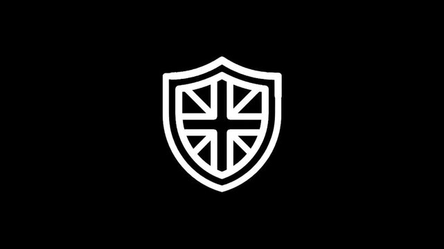 White shield icon with Union Jack inside on black background