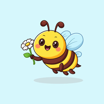 Cute Flying Bee Cartoon Holding Flower Vector Illustration