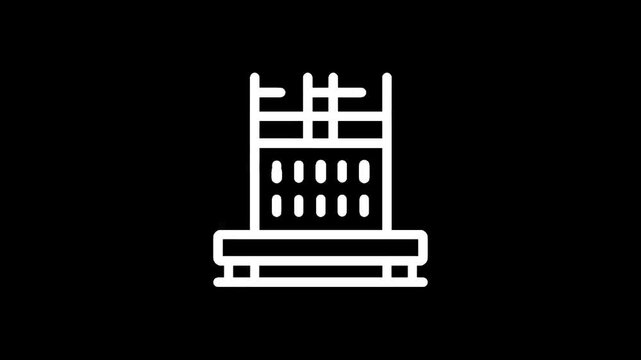 Simple line art icon of a vintage printing press machine on a black background
