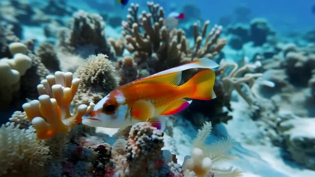 Elegant lyretail anthias swimming through coral reef ecosystem vivid marine life and coral biodiversity underwater scenery