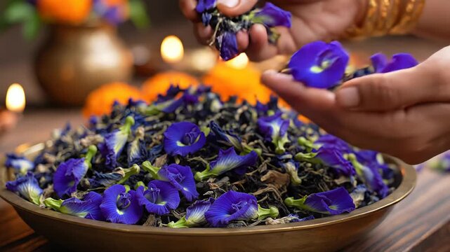Hands Arranging Vibrant Blue Butterfly Pea Flowers in Decorative Bowl with Warm Candlelight Glow