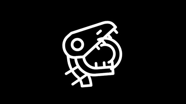 Stylized white line art of a dinosaur head with an open mouth on a black background