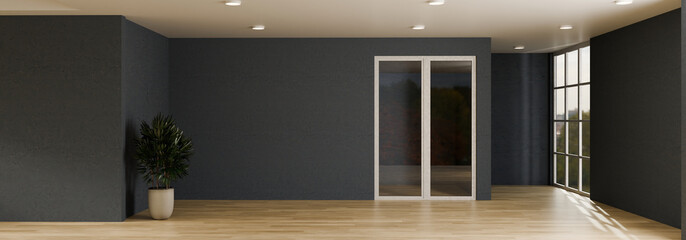 3D render Modern interior corner with dark wall and window light minimal room with strong side lighting and empty space.