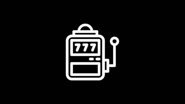 Simple white line icon of a vintage slot machine on a black background