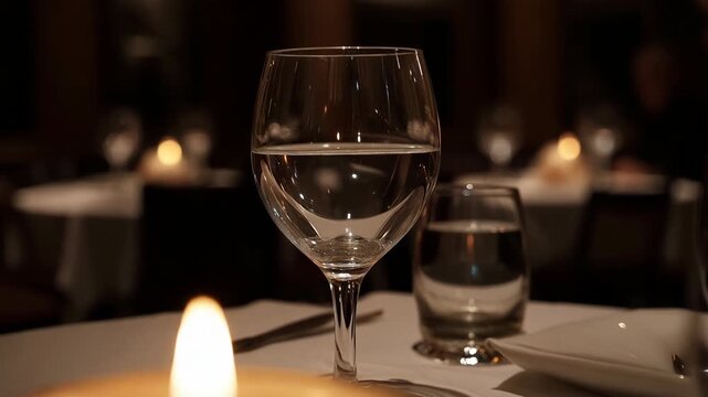 Elegant restaurant ambiance featuring wine glass water and soft candlelight on table in romantic setting for fine dining