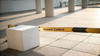 Yellow Barrier With Hazard Control Sign On Urban Pavement Surface