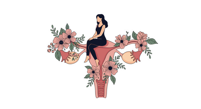 A symbolic illustration for women's health showing a woman sitting on a human uterus that is beautifully decorated with flowers.