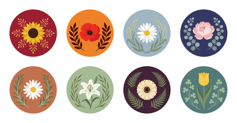 Floral Botanical Stickers Set with Spring Flowers and Leaves