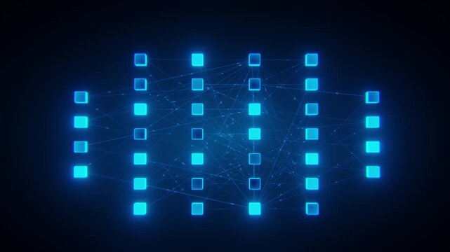 3D render neural network architecture glowing blue cubes connected lines dark background. Represents artificial intelligence machine learning deep learning technology data processing digital.