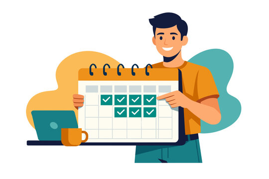 Man holding a calendar with checkmarks and pointing.