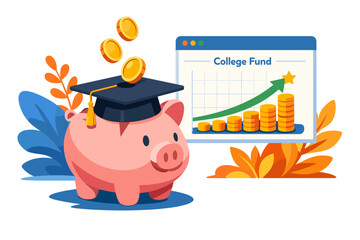 Piggy bank wearing graduation cap with coins and college fund graph. © nana