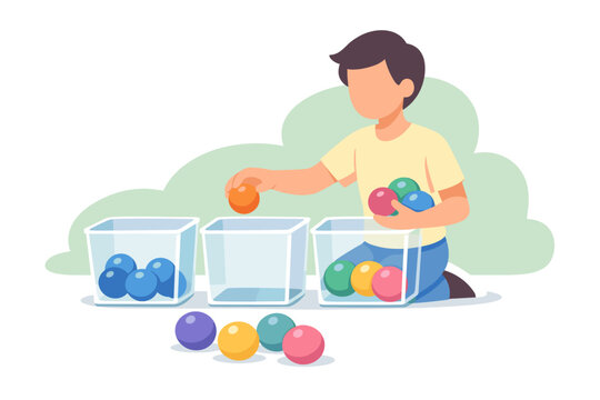 Young boy sorting colorful balls into clear plastic containers.