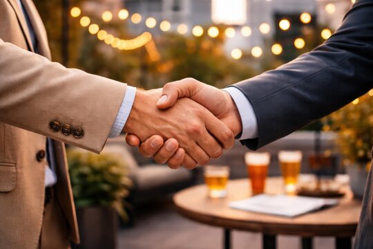 Professional Business Handshake at Outdoor Sunset Social Event
