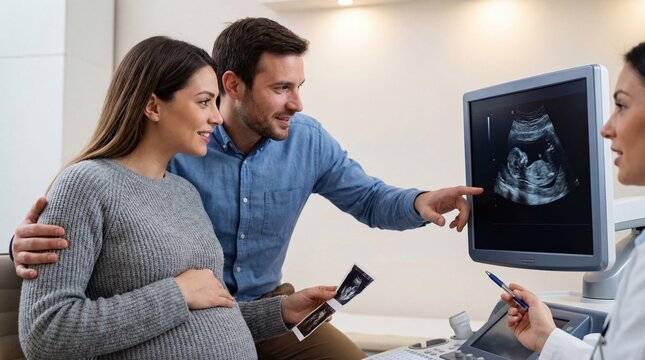 Expectant couple smiling during ultrasound exam in clinic
