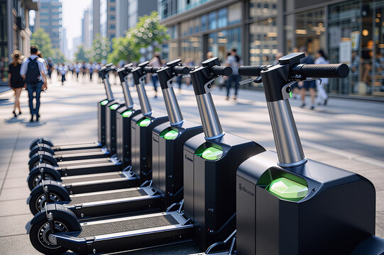 Row of electric scooters at charging dock on city sidewalk