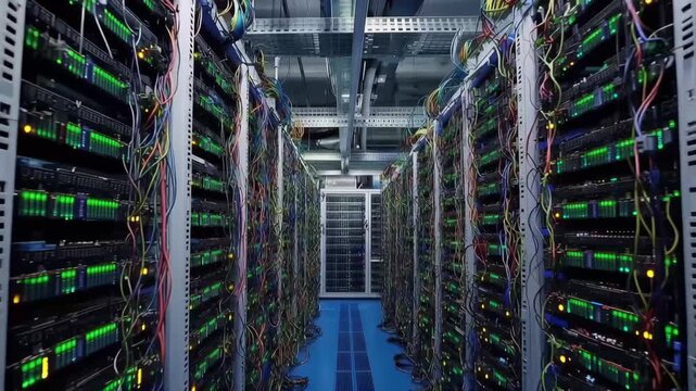 Digital Realm's Architecture: An expansive perspective unveils a data center's intricate network, showcasing a server room bathed in the glow of technology and information.