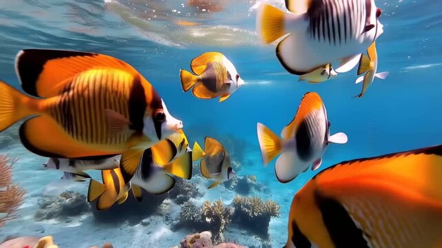 Underwater Dance: A vibrant shoal of Butterflyfish, adorned with exquisite patterns and radiant colors, gracefully weaves through the crystalline aquatic realm.