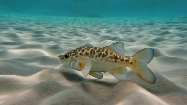 Freckled hawkfish swimming calmly over the sandy ocean floor revealing the subtleties and tranquility of marine life
