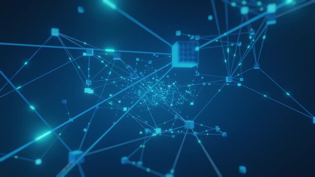 3D render abstract blue neural network digital data connection background. High-tech glowing nodes lines representing artificial intelligence machine learning. Ideal futuristic backdrop.