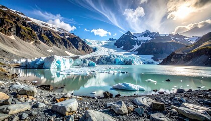 Panoramic view of a real unstable glacial lake forming from glacial melt, captured by a FlyPro Firefly drone, posing a significant risk of outburst floods.