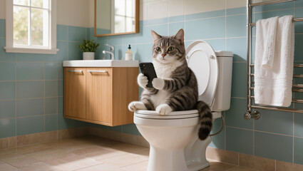 Funny cat sitting on toilet and holding smartphone in bathroom, humorous concept of modern pet using technology at home.