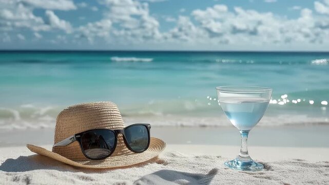 Seaside Serenity: A straw hat and stylish sunglasses rest on sun-kissed sands beside a refreshing beverage. capturing the essence of a perfect day at the beach, inviting relaxation and escape.