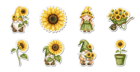 Fototapeta premium Sunflower Gnome Sticker Set with Cute Garden Elements