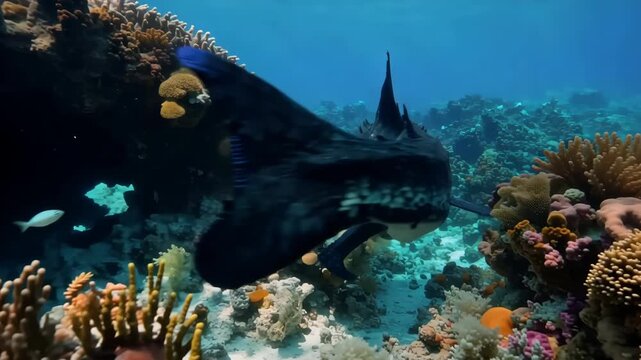 Majestic sailfin tang swimming past vibrant coral reef underwater scene in tropical waters,marine wildlife exploration