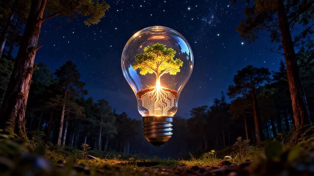 Light bulb with tree inside in forest