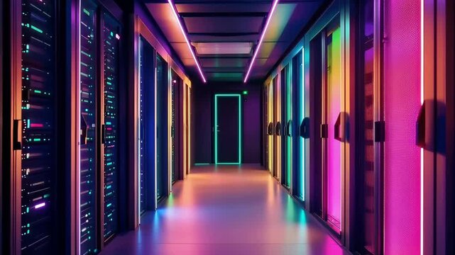 Neon-Lit Data Sanctuary: A futuristic server room bathed in the mesmerizing glow of neon lights, showcasing a cutting-edge technological infrastructure. 