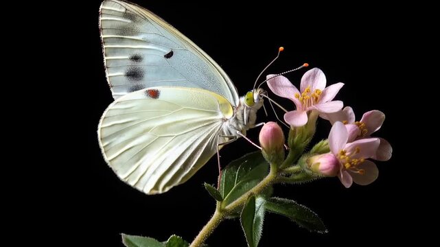 Butterfly and Bloom: A delicate white butterfly, adorned with subtle markings, delicately perches upon a cluster of vibrant pink blossoms, creating a harmonious tableau of nature's beauty.