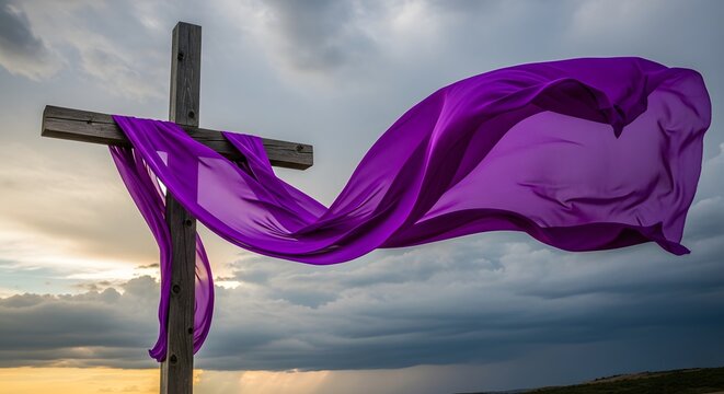 Good friday reflection cross with purple cloth at sunset