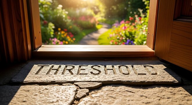 Stone threshold with word carved opens to a sunny garden path.