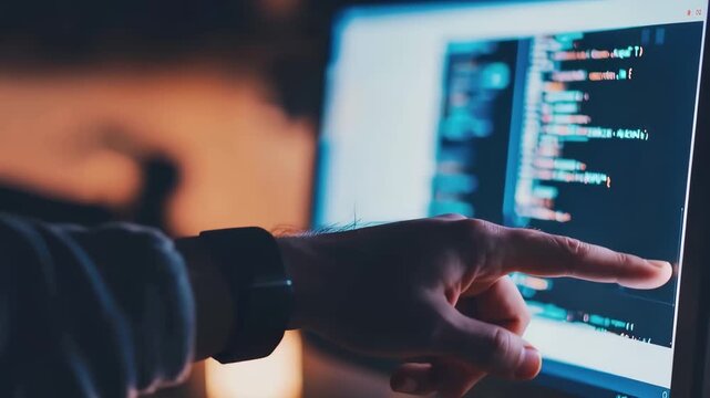 Unveiling the Digital Canvas: A close-up view of a person's hand intently pointing at lines of code displayed on a computer screen, signifying the intricacies of coding and the digital world.
