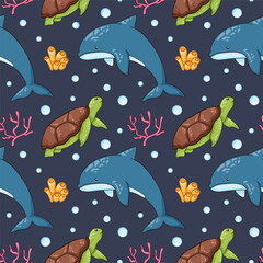 Obraz premium Seamless pattern of cartoon style underwater animal dolphin, turtle, coral and bubble on a white background for sea and marine themed design.