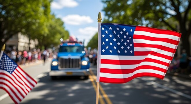 American flag waving in front of a blue truck on a sunny day parade