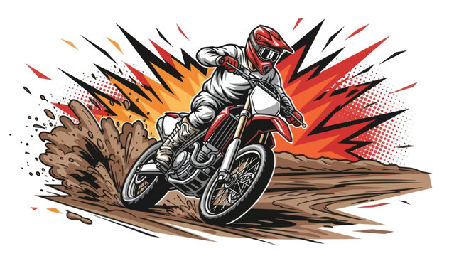 Motocross rider performing stunt with dirt bike and explosion illustration