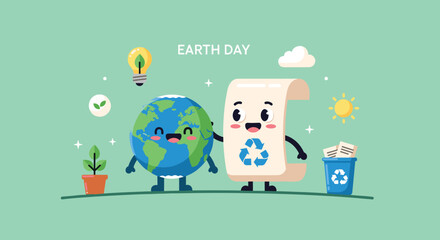Cartoon Earth and Recycling Bin Characters.